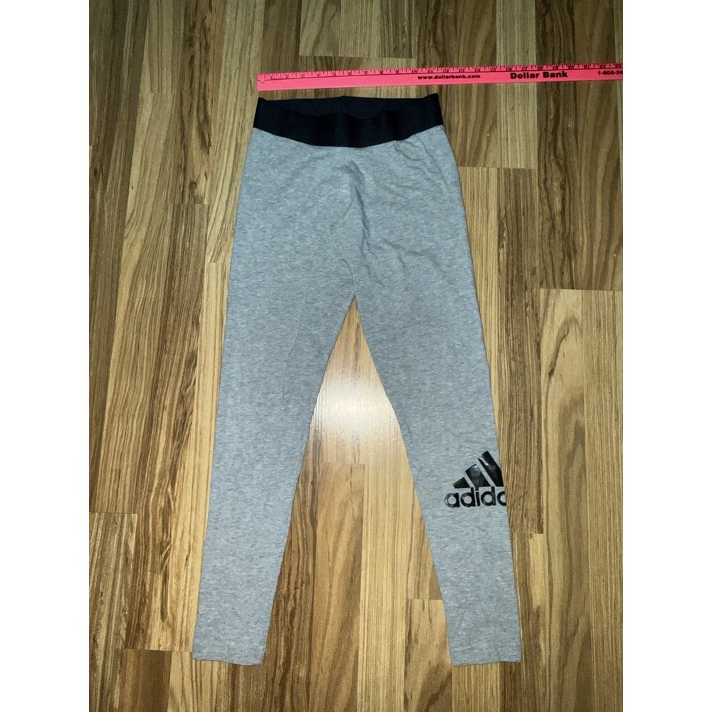 Adidas Sz XS Heather Gray Cotton Leggings Black Logo EUC